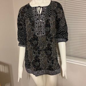 Style& Co.-Bejeweled & Tie Neck-Mixed Paisley Print Top~SzXS- NWT + Xtra Beads